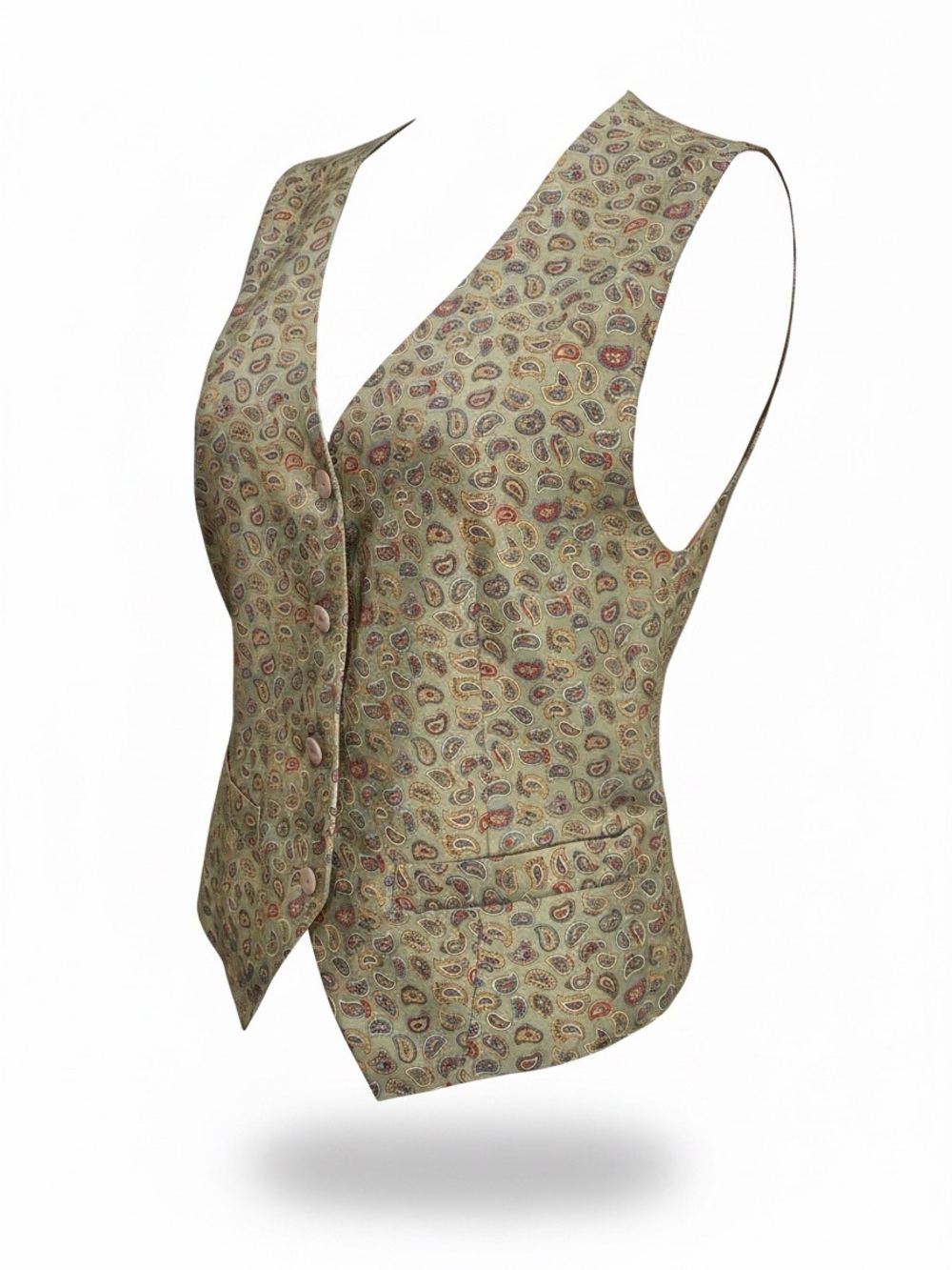 Talbots Pure Silk Twill Paisley Olive Green Back Tie Tailored Vest Size 6